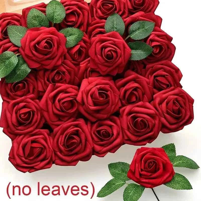 5-100pcs Fake Rose Flower Green Leaves for Valentine's Day ,Wedding, Birthday Party. Artificial Roses Heads with Stems Supplies