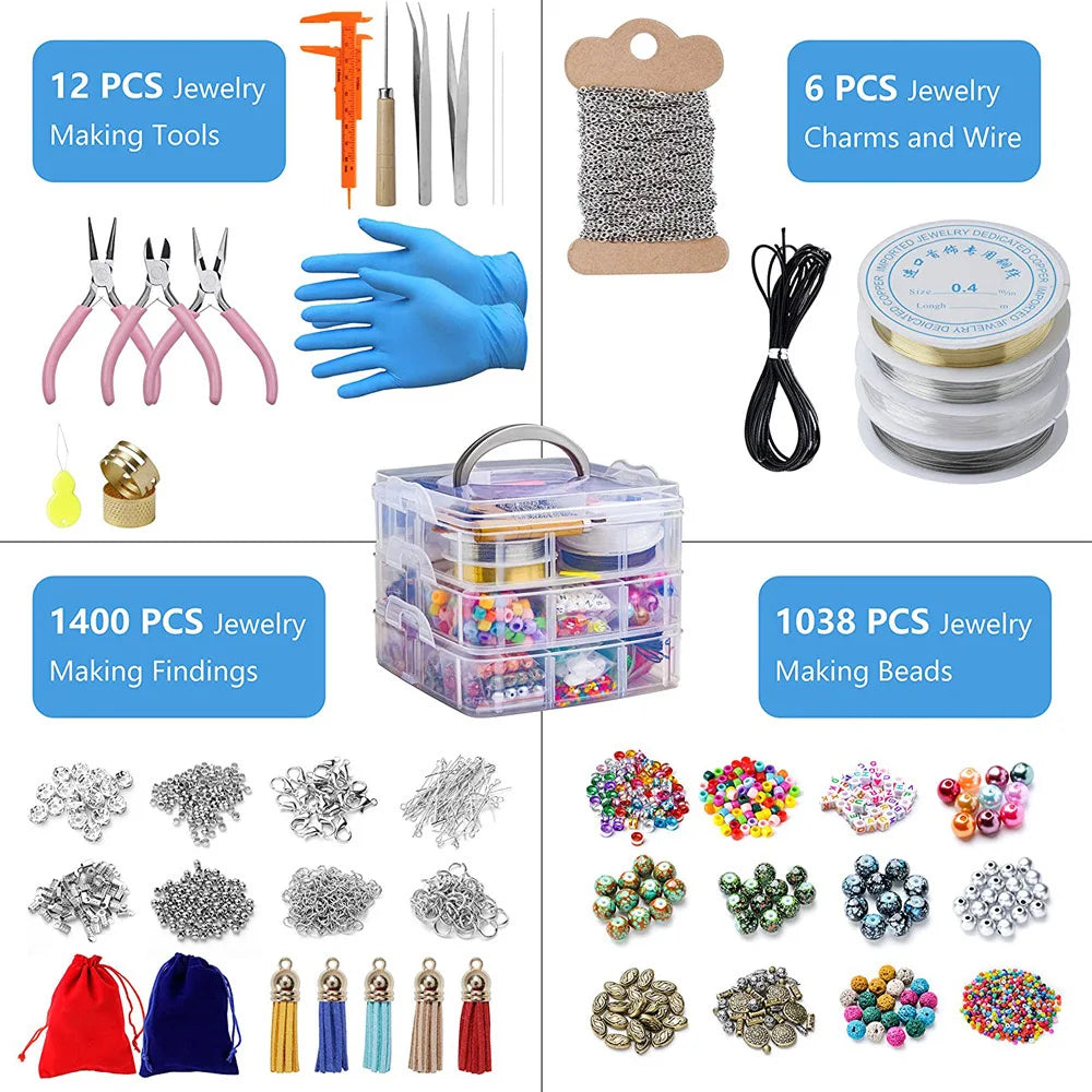 2456-Piece Deluxe DIY Bead Jewelry Making Kit - Includes Beads, Findings, and Accessories for Creating Unique Bracelets, Necklaces