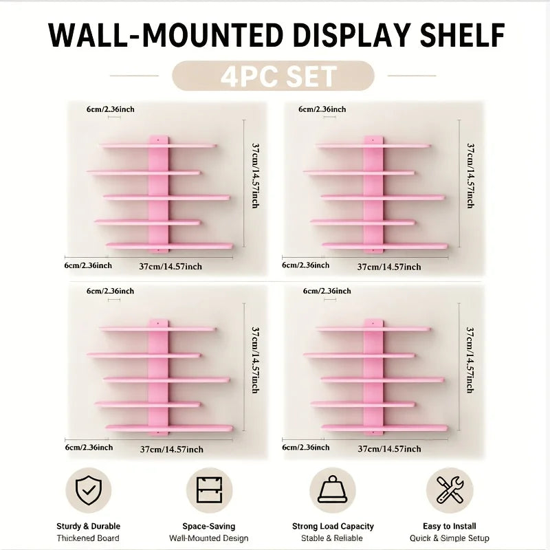 4-Piece Set of Collectible Floating Wall Racks, Multi-Tiered Wall Shelving Units, Versatile Display Stands, Suitable for Office and Home Decor, Ideal for Storing Statues and Small Figurines, Decorative Shelves, Functional Sto