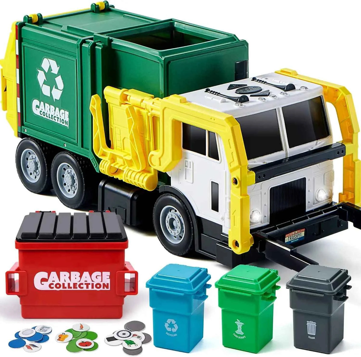 JOYFY Large Friction Powered Garbage Truck Toy Set & Includes Dumpster Trash Bins.