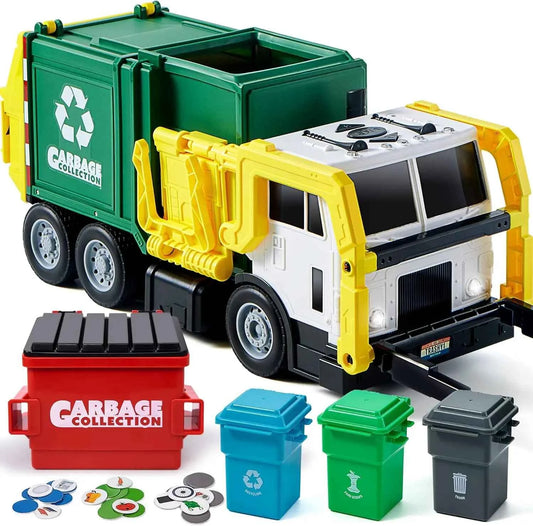 JOYFY Large Friction Powered Garbage Truck Toy Set & Includes Dumpster Trash Bins.