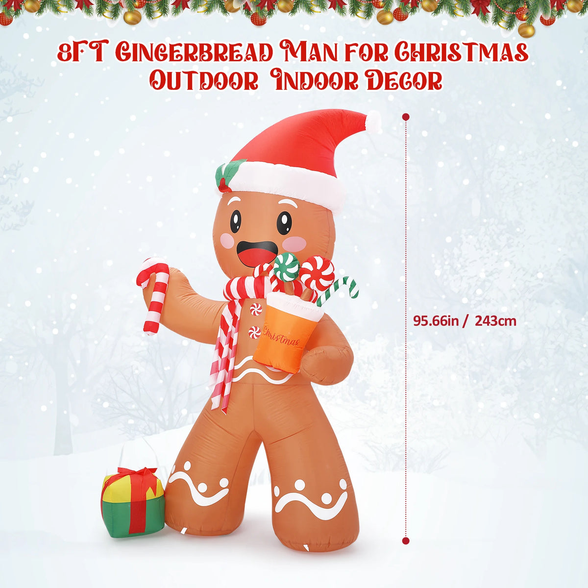 8ft Christmas Gingerbread Man Inflatable With Led Lights, Blow Up Outdoor Yard Decoration For Lawn, Garden, Porch, Indoor. Holiday Party Decor
