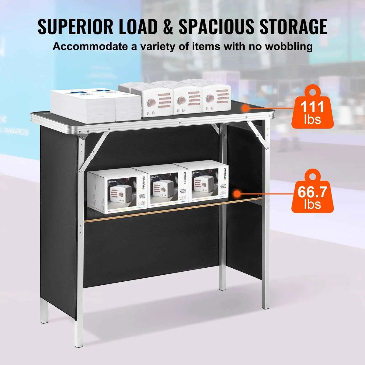 Folding Portable Bar Table or Tradeshow Podium Table for Party, Picnic, Exhibition. Includes Carrying Case, Storage, Shelf Skirt