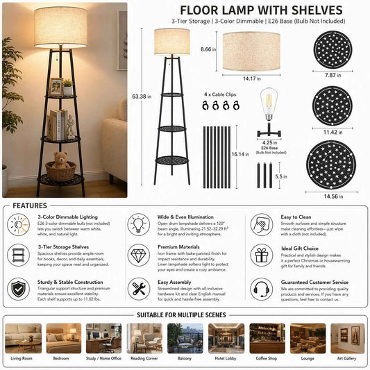 Floor Lamp with 3-Tier Storage Shelves with 3-Color Dimmable E26 Bulb, 120° Wide Illumination 11 lbs per Shelf , Black/Beige