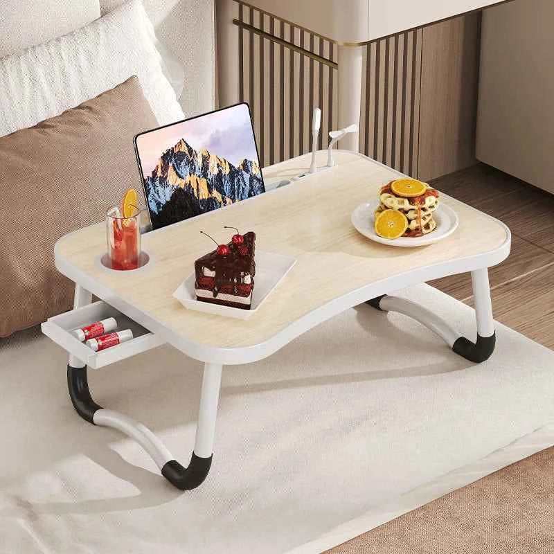 Portable & Foldable Laptop Table with Storage Drawer, Tablet Slot, & Cup Holder.