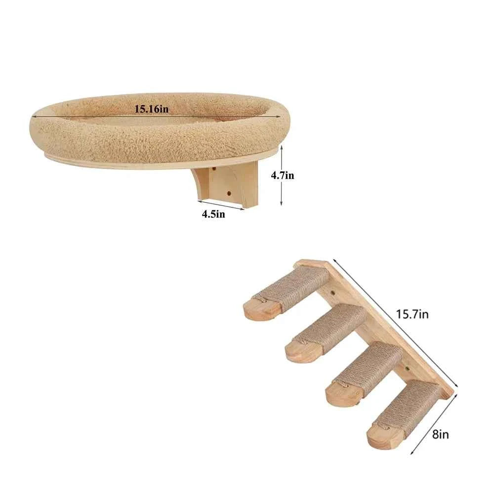 Cat Wall Mounted Solid Wooden Furniture & Climbing Ladder and Cat Hammock with Scratching Post for Activity Indoor Cats Perches