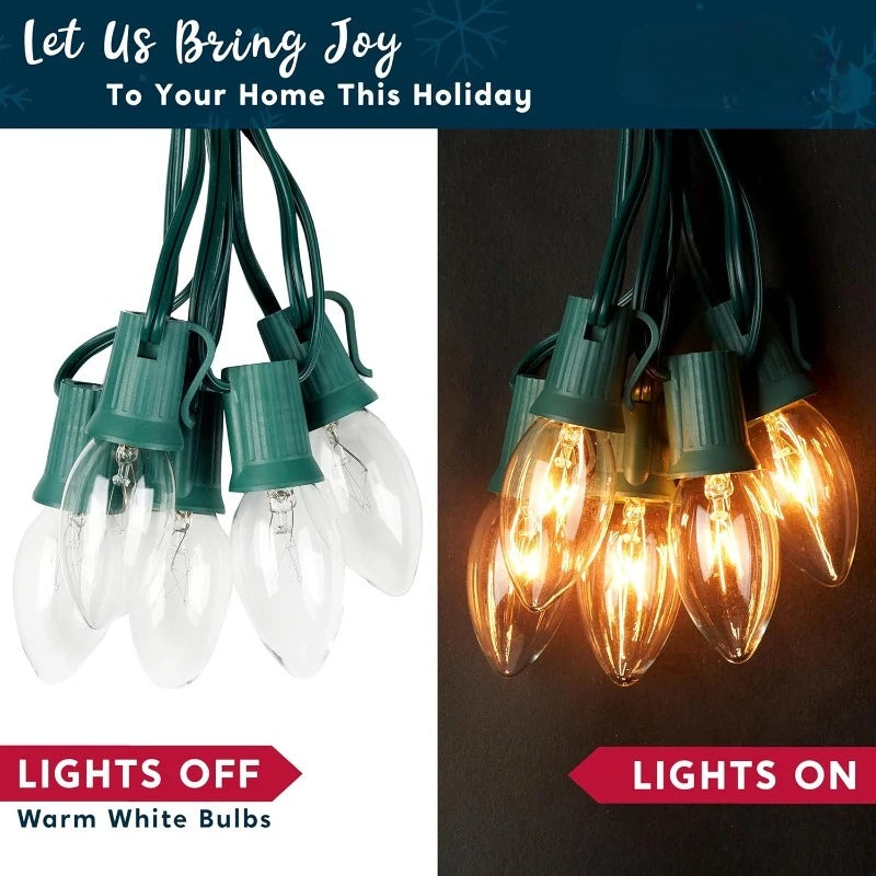 C9 Christmas Pathway Lights, 30.75ft with 24 Bulbs. Outdoor Warm White Light for Holiday. Waterproof, Outside and  Walkways festival lighting