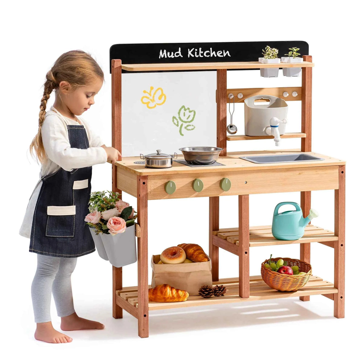 Robud Montessori Mud Kitchen. Wooden Outdoor Play Kitchen with Sink & Storage. Develops Fine Motor Skills. Ideal Gift for Kids Age 3+