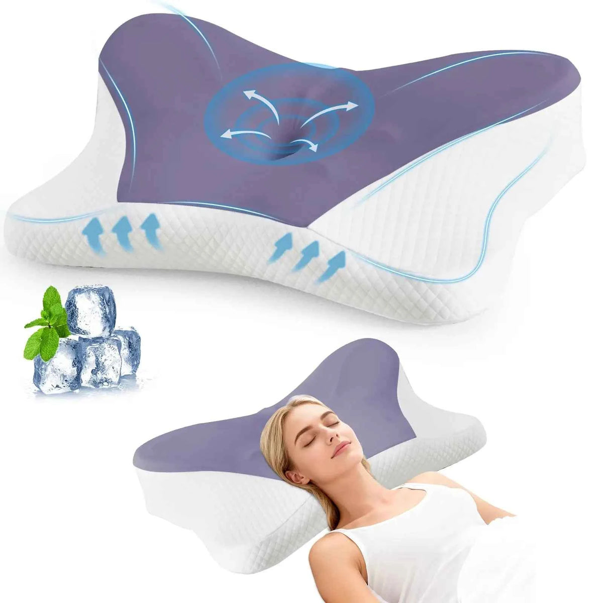 MCQ 1-piece Queen Size Ergonomic Neck Pillow. Comfort Memory Foam Pillows. Removable Washable Cover. Ventilated Cooling Bed Pillow