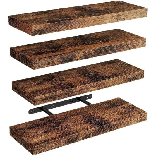 Rustic Brown Farmhouse Floating Wall Mounted Shelves. 4 Pack 15.8 Inch  Shelves. Set With Invisible Brackets for Heavy Duty Storage.