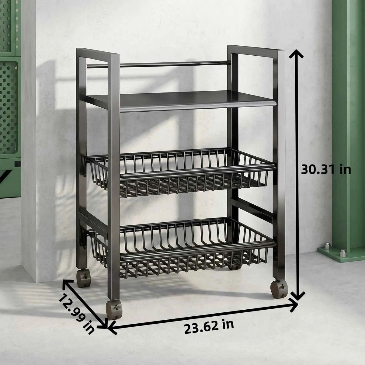 3-Tier Rolling Storage Cart with 2 Pull Out Mesh Baskets Carbon Steel Heavy Duty Utility Shelf. Easy Movement Fits Narrow Gaps