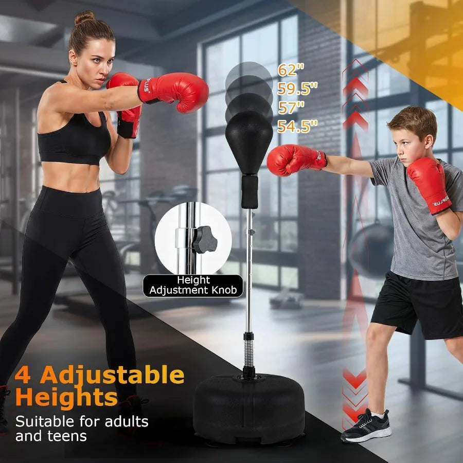 Adjustable Reflex Punching Bag with Stand, 4-Height Settings (54.5"-62"), Fillable Base, 6 Suction Cups, PU Boxing Gloves, Portable Home Gym Fitness Equipment