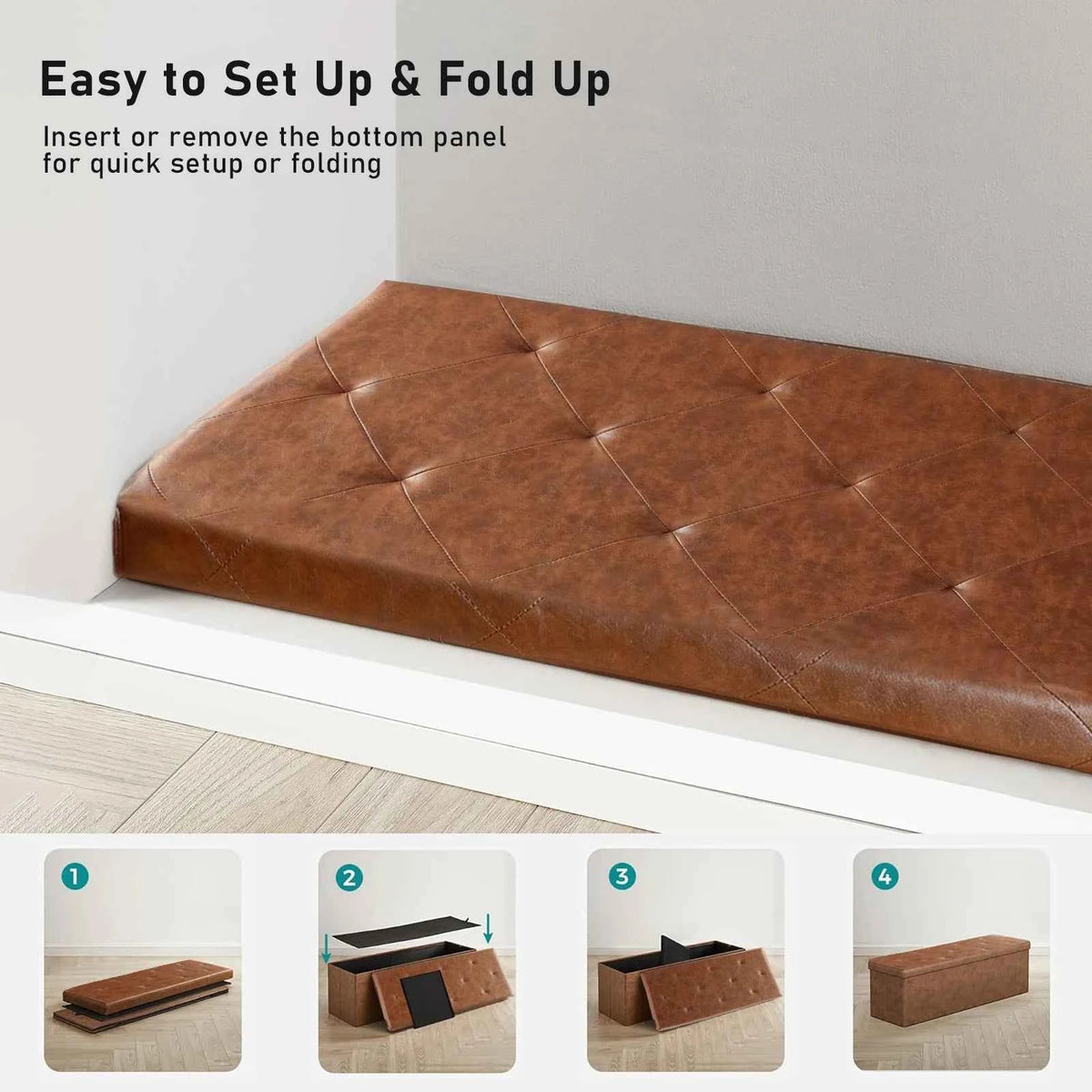 Tufted Faux Leather Storage Bench Folding Footrest Ottoman with 400lbs Weight Capacity,