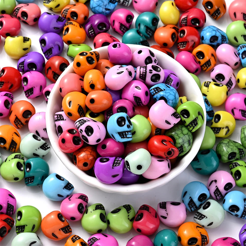 200/300Pcs Mix Coloful Skull Beads, Acrylic Loose Spacer Beads For Jewelry Making. DIY Bracelet, Necklace, Halloween Decorations Accessories 9x12mm