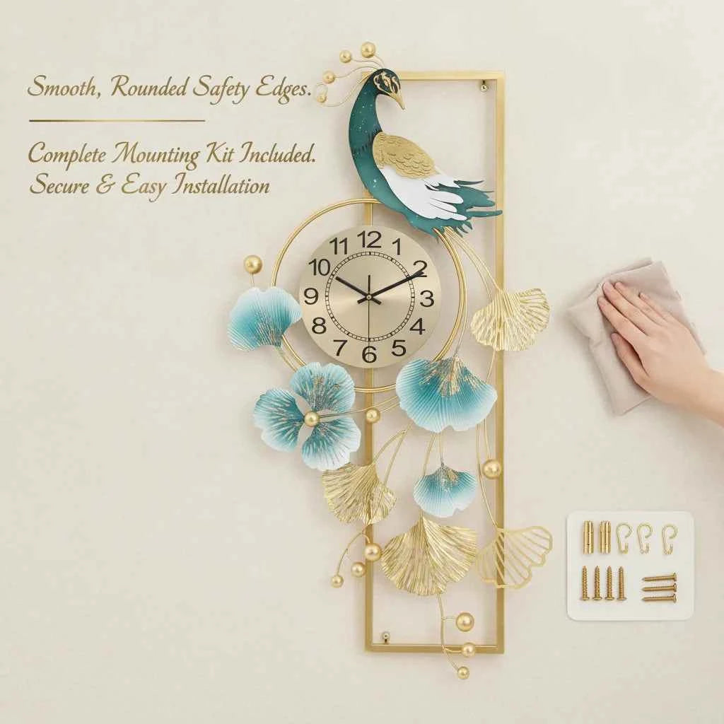 Peacock & Ginkgo Leaves Wall Clock 100x50cm, Modern Metal Wall Decor with Silent Sweep Movement, Decorative Art Clock, Gold