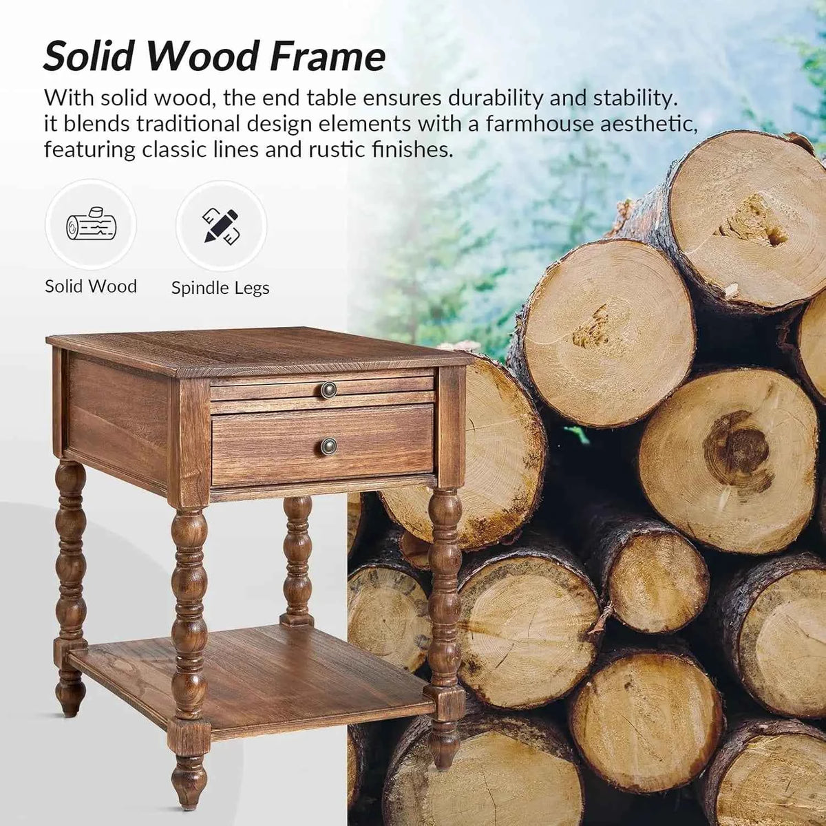 Solid Wood Spindle Nightstand with Charging Station, Drawer, Shelf, and Pull-Out Side Table. Customized Bedroom Furniture