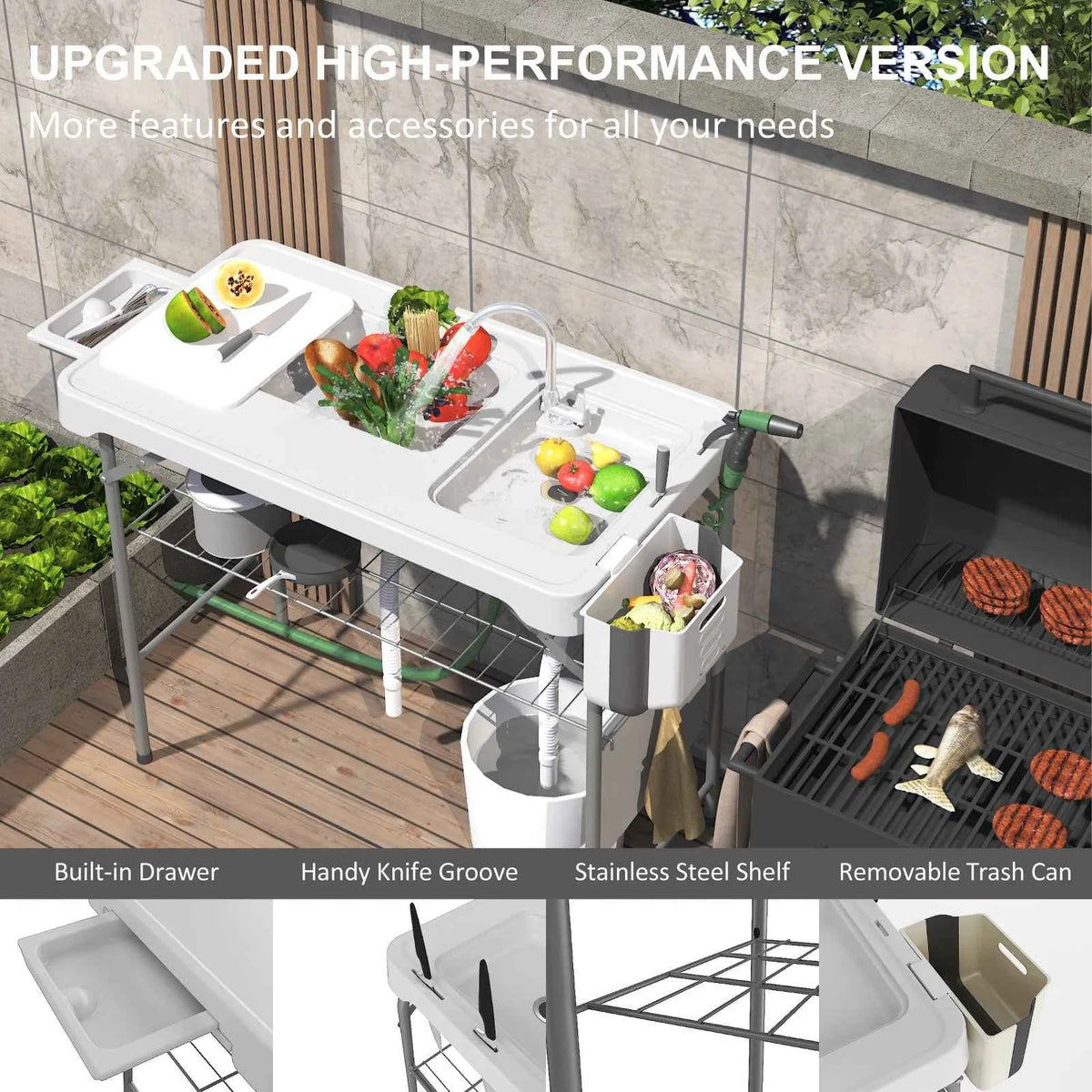 Folding Table with Sink, Portable Outdoor  with Faucet, Sprayer, Grid Rack & Storage Box. For Fishing, Picnic, Beach & Patio