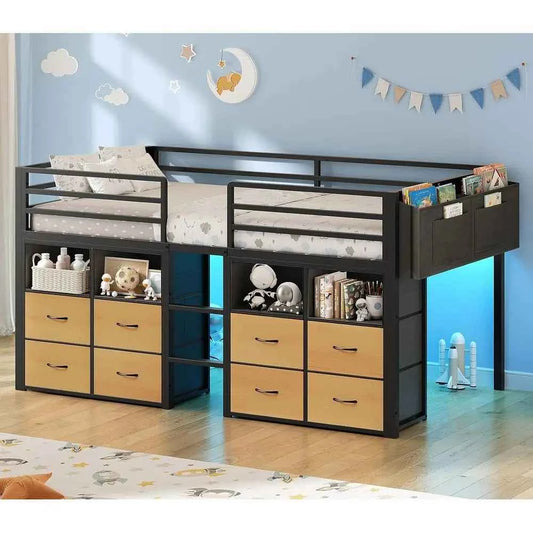 ADORNEVE Low Twin Size Bed with 8 Storage Drawers with Storage Bookcases. Natural color. LED Lights, 14" H Safety Guardrail,
