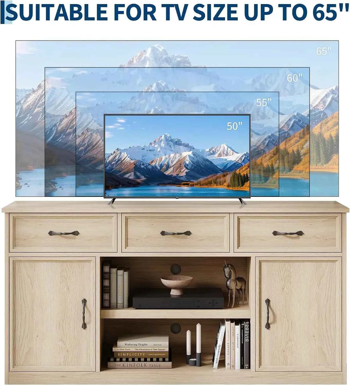 TV Stand For 65 Inch TV.  Farmhouse Television Cabinet With 3 Drawers,  2 Doors with Adjustable Shelves. Storage And Open Shelves. Wooden TV Console Media Cabinet