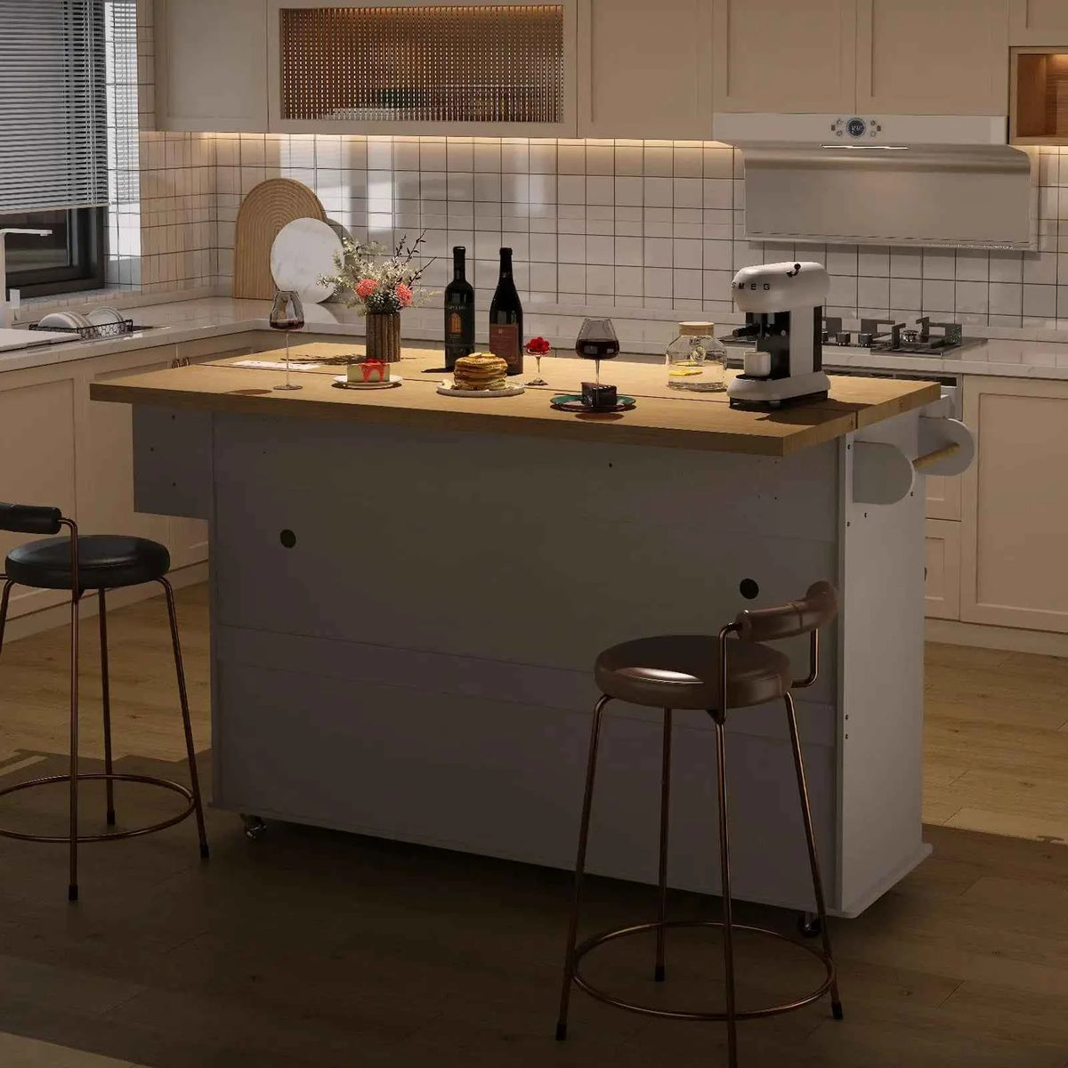 60" Mobile Kitchen Island Cabinet. Table Drop Leaf for additional space. With  Power Outlet, Spice & Towel Racks, Drawers and knife holders, Trash