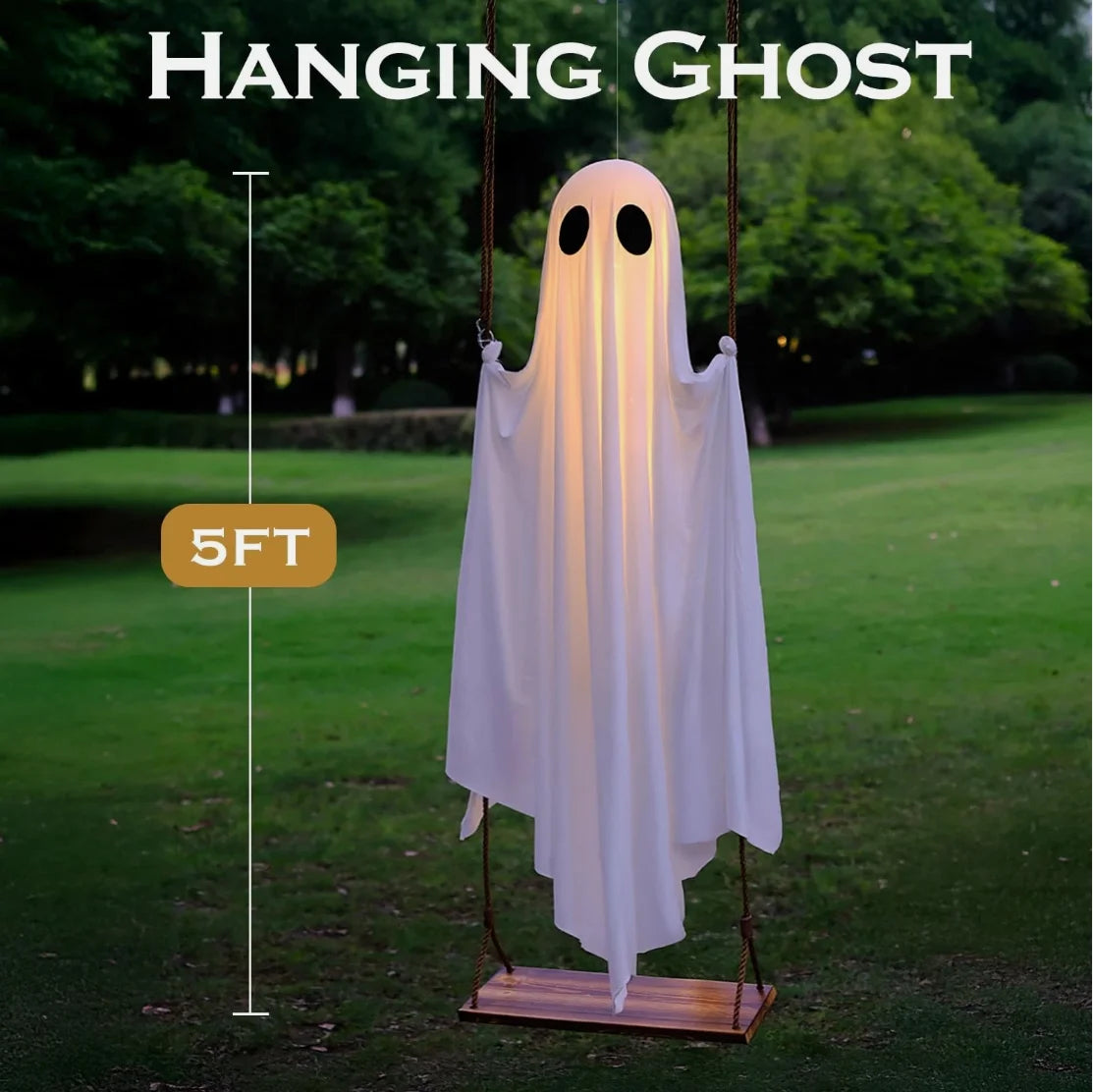 Large Outdoor Hanging Swing Ghost. Halloween Decoration Light-Up Spooky Decor for Yard Party.