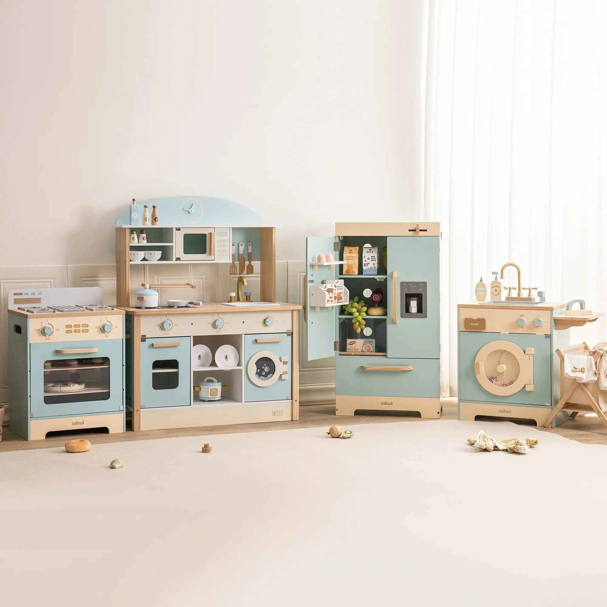 Robud Kids Wooden Play Kitchen. All in One Corner Set Includes Oven, Refrigerator, Washer. Perfect Gift for Little Chefs
