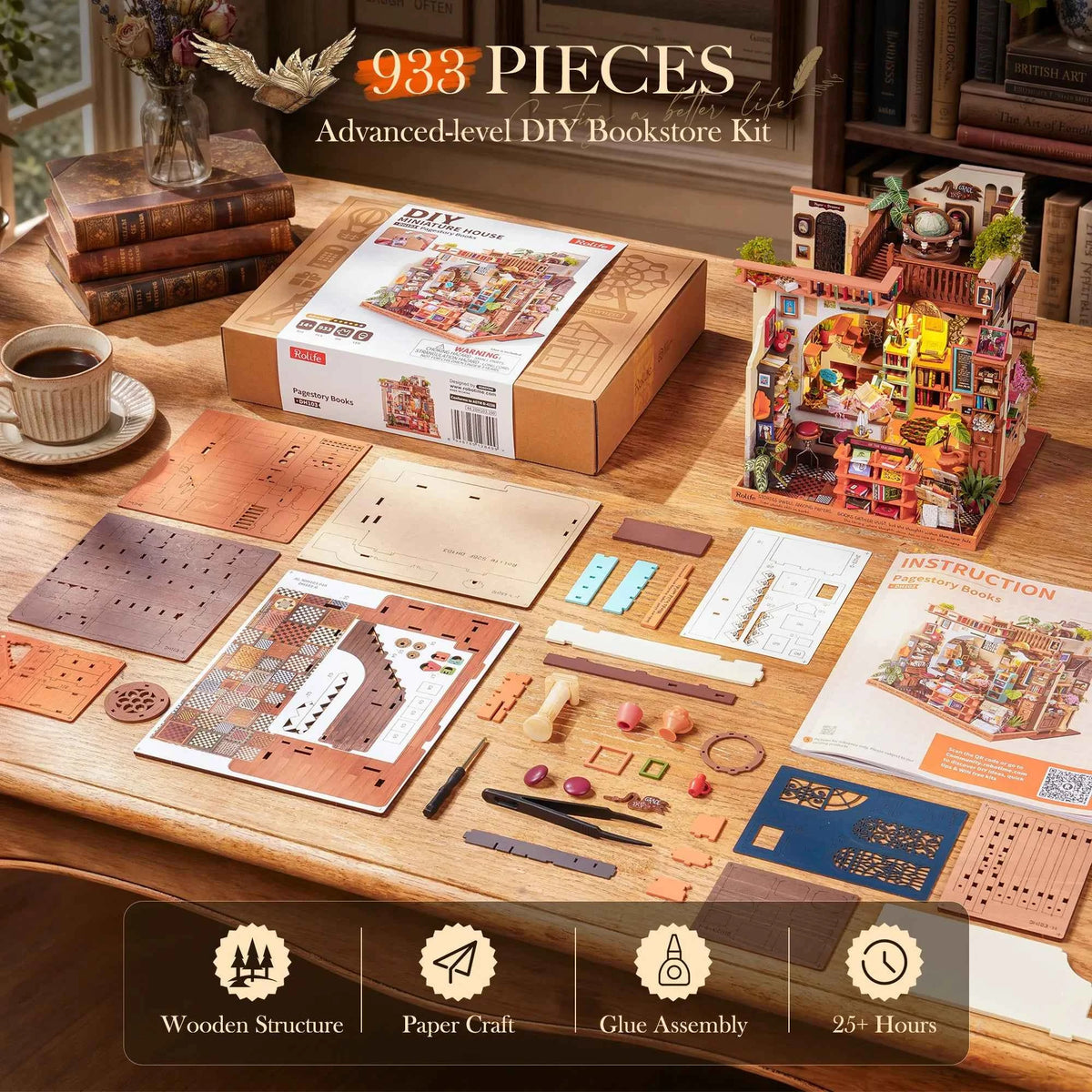 Rolife Wooden Dollhouse 3D Puzzle,  Page story Bookstore, DIY Miniature House Craft Kit Kit with LED Light for Bookshelf Decor. Brain Teasers, Jigsaw Toys, Holiday Gift for Book Lovers