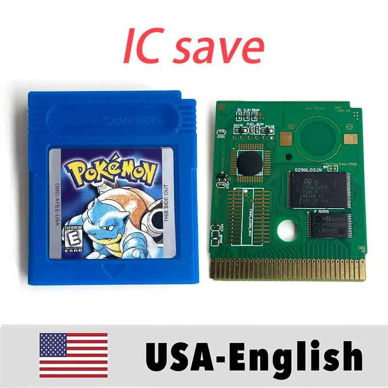 USA IC Save cart Pokemon Crystal, Red, Blue green,Yellow, Gold, Silver, Game Cartridge for GBC