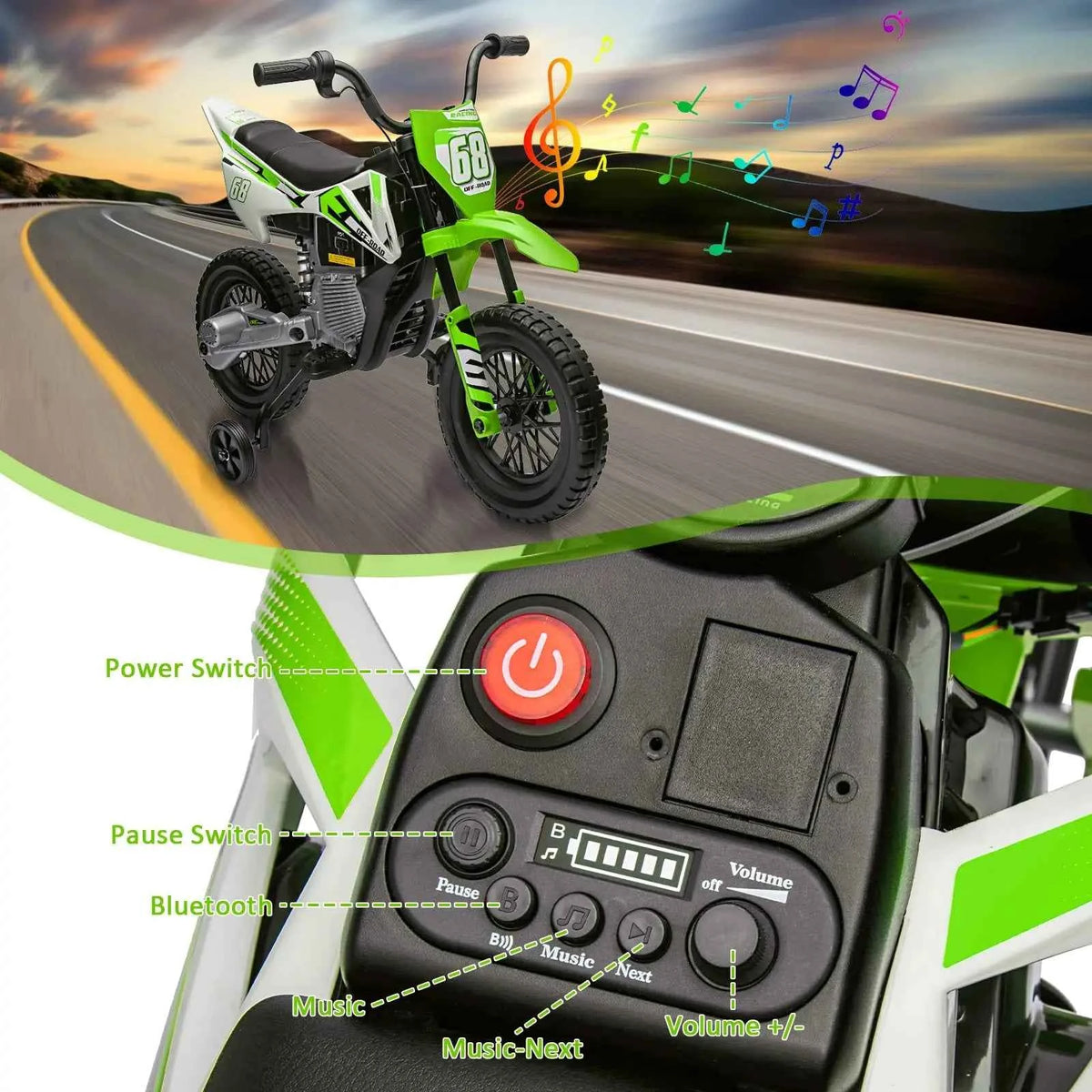 12V Kids Electric Dirt Bike With Training Wheels, Twist Grip Throttle, 3 MPH, Music, 4.5Ah Battery & Charger