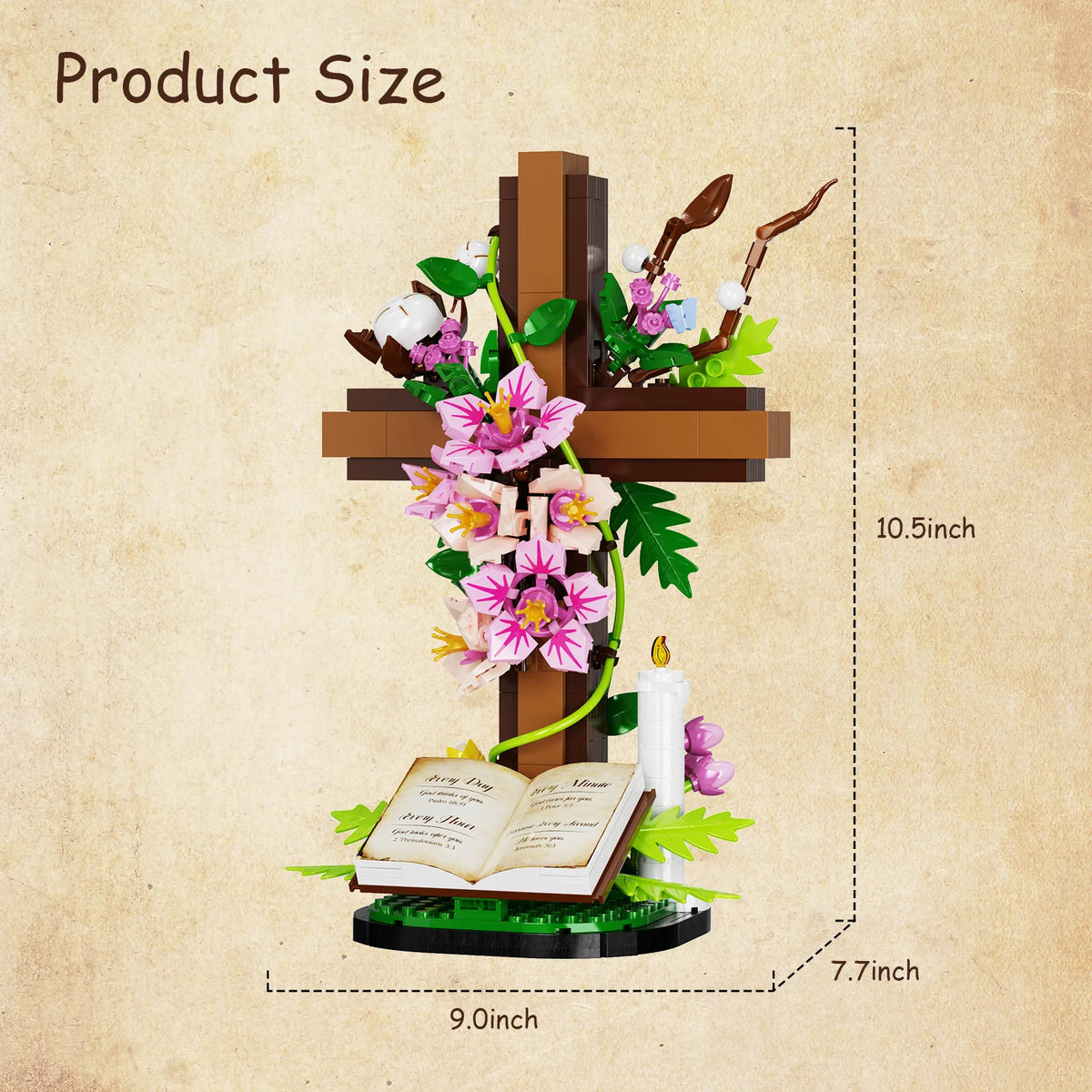 Jesus Cross with Flowers Building Blocks Set with Easter Bible. Themed Decorative Items. Religious Gifts for Adults (568 PCS)