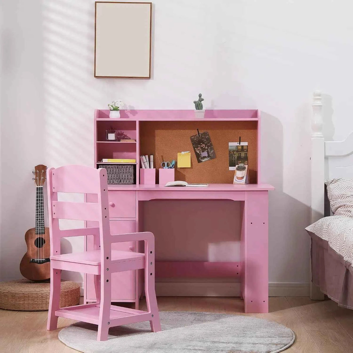 Kids Desk and Chair Set, Wooden Study Table with Bookshelf, Bulletin Board, Storage Shelf, Cabinet & Drawer,  Desk for Ages 3-8, Pink