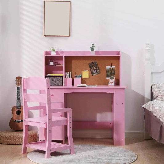 Kids Desk and Chair Set, Wooden Study Table with Bookshelf, Bulletin Board, Storage Shelf, Cabinet & Drawer,  Desk for Ages 3-8, Pink