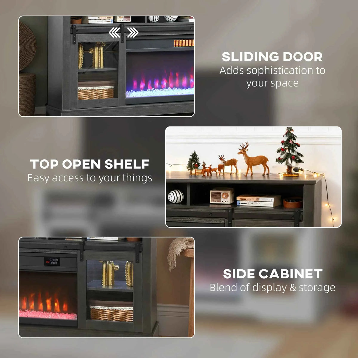 Fireplace TV Stand for TVs Up to 80 Inches, Modern Entertainment Center with 36" Glass Electric Fireplace & LED Lights, TV Console with Open Storage and Side Cabinets for Living Room, Black