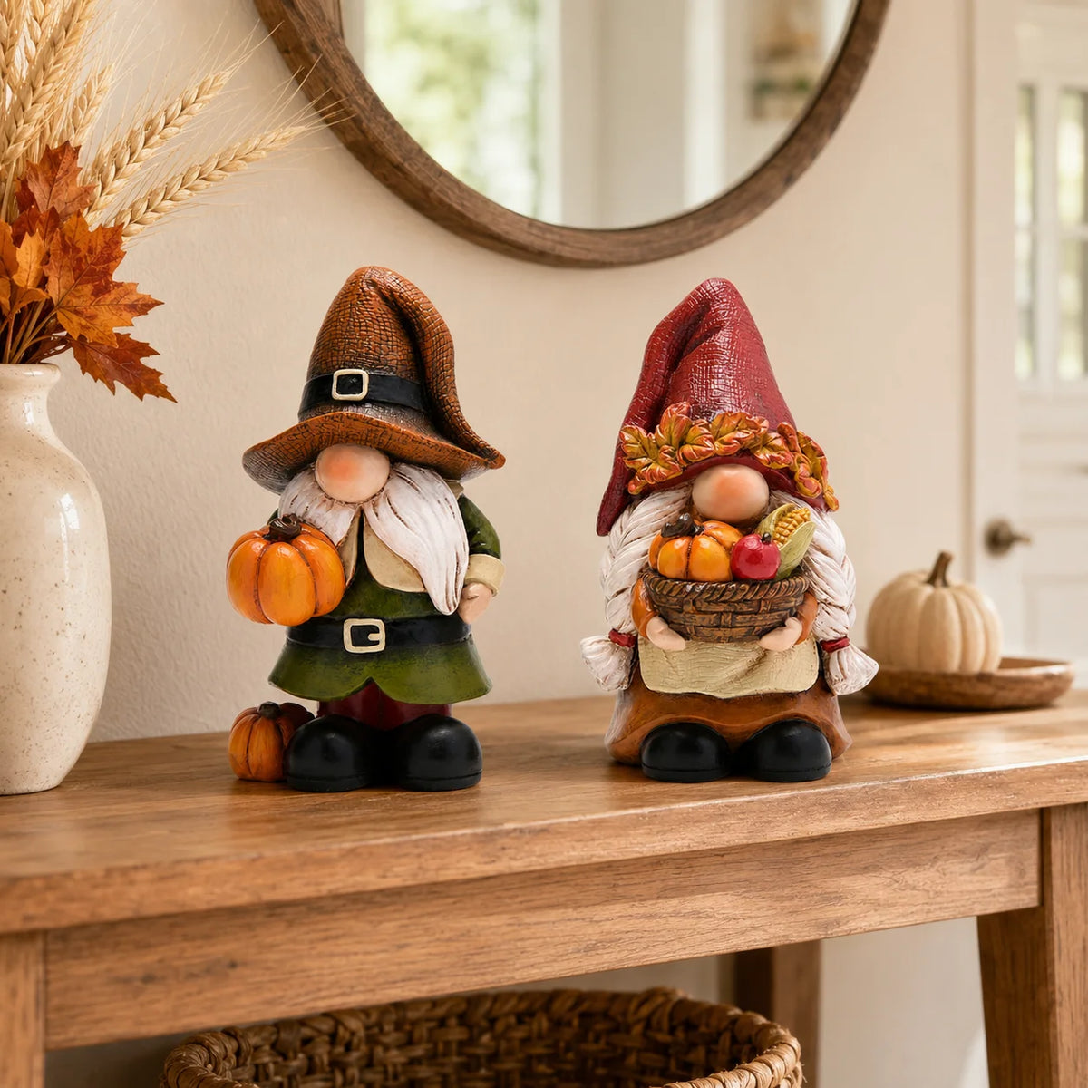 Hodao Resin Fall Gnome Figurine Set, 2-Piece Thanksgiving Gnome Figure Model with Pumpkin, Harvest Basket, Autumn Leaves and White Beard, Collectible Tabletop, Shelf Sitter Decor for Fireplace Mantel, Tiered Tray Home Display