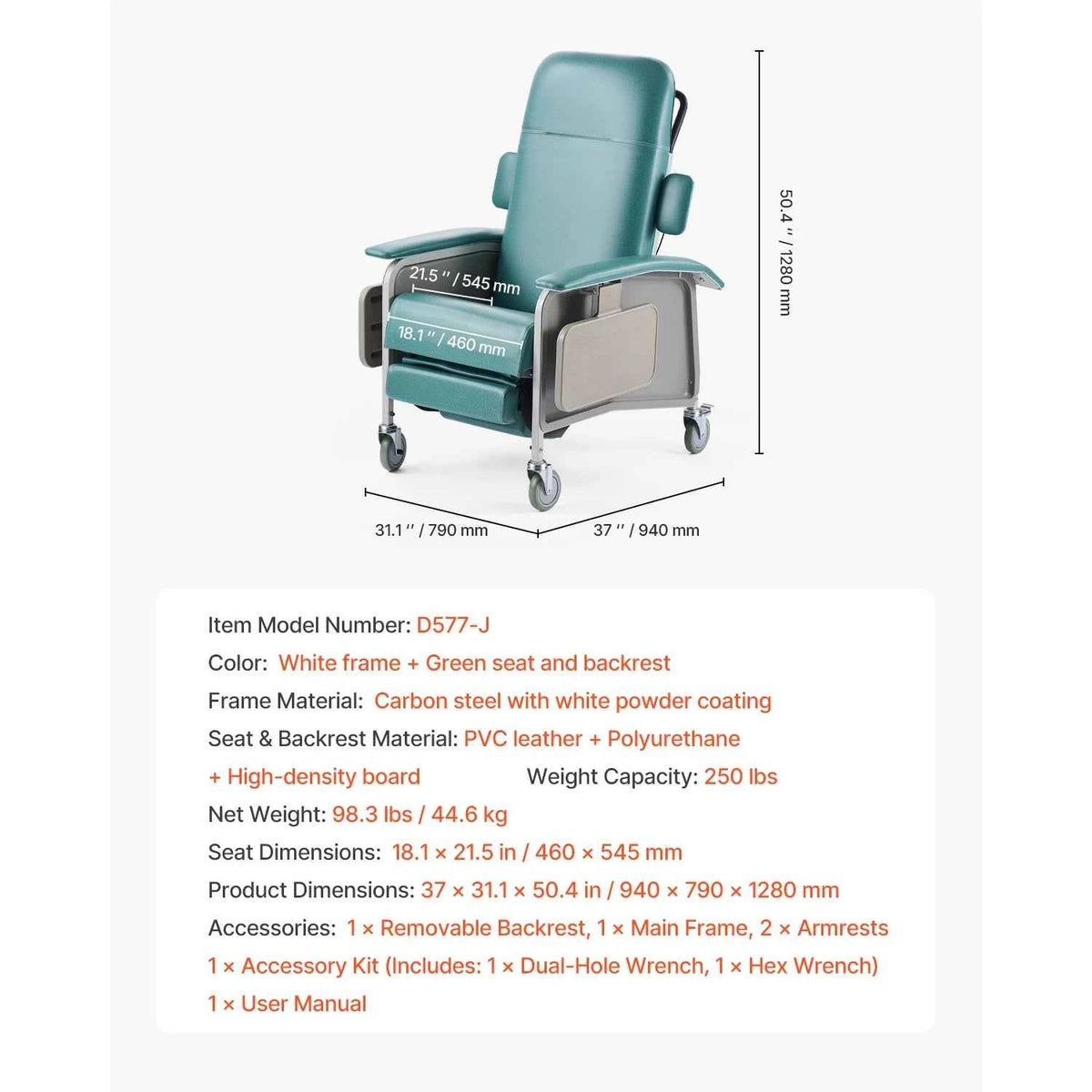 SucceBuy Geri Chair Recliner 3-Position Reclining Geri Chair Movable Recliner Chair with Wheels Ideal for Hospital, Nursing Home