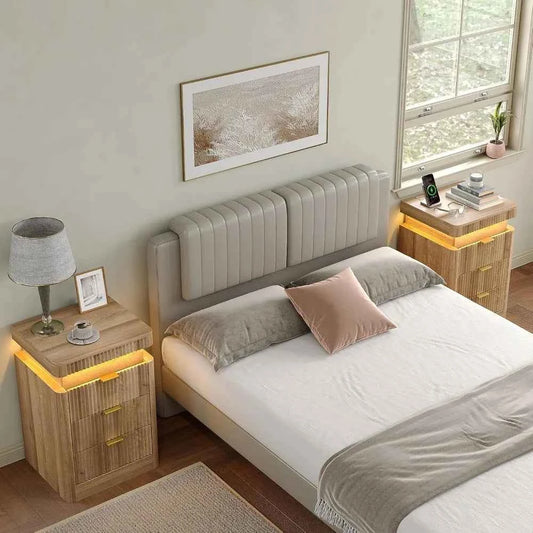 Fluted Nightstand Set of 2,3 Drawers,LED Light & Sliding Top & USB Charging Station,Bedside Table, Custom