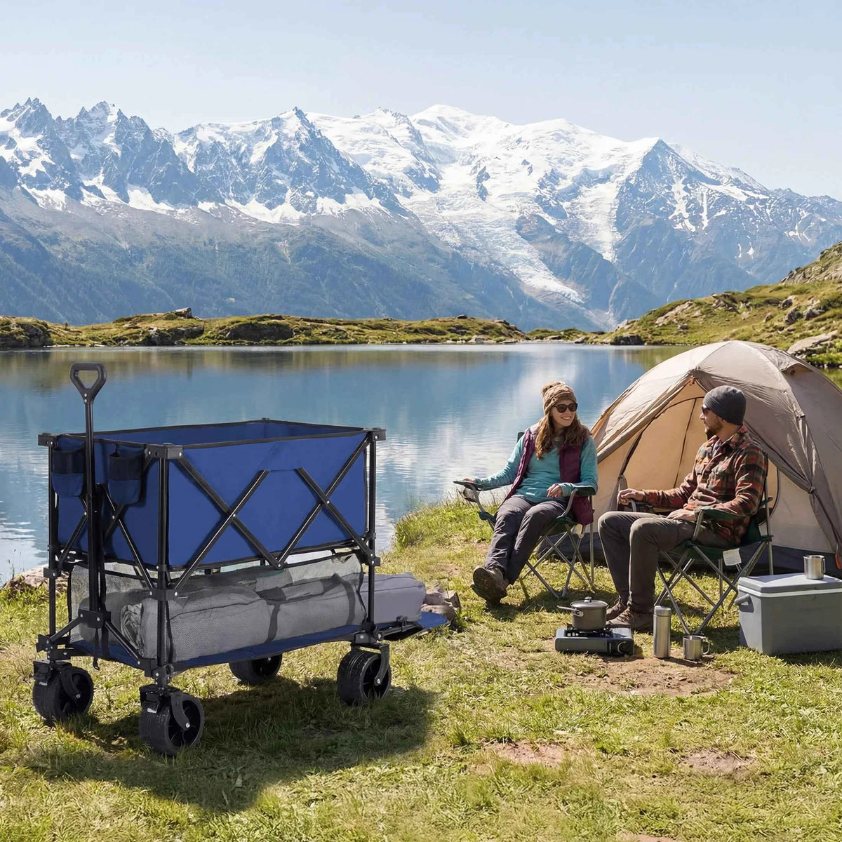 MCQ 51 Inch Folding Outdoor Double Layer Picnic Table with Collapsible Wagon with Wheels. 440lbs. Foldable Table, Grocery Cart on Wheels for Camping, Picnic, Outdoor. Indoor. Easy to Fold and Store