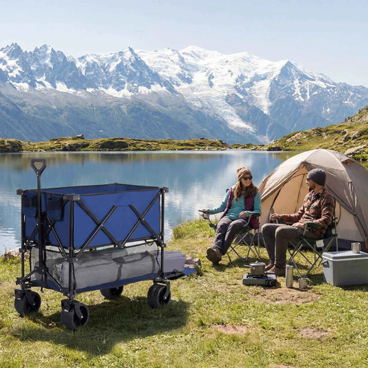 MCQ 51 Inch Folding Outdoor Double Layer Picnic Table with Collapsible Wagon with Wheels. 440lbs. Foldable Table, Grocery Cart on Wheels for Camping, Picnic, Outdoor. Indoor. Easy to Fold and Store