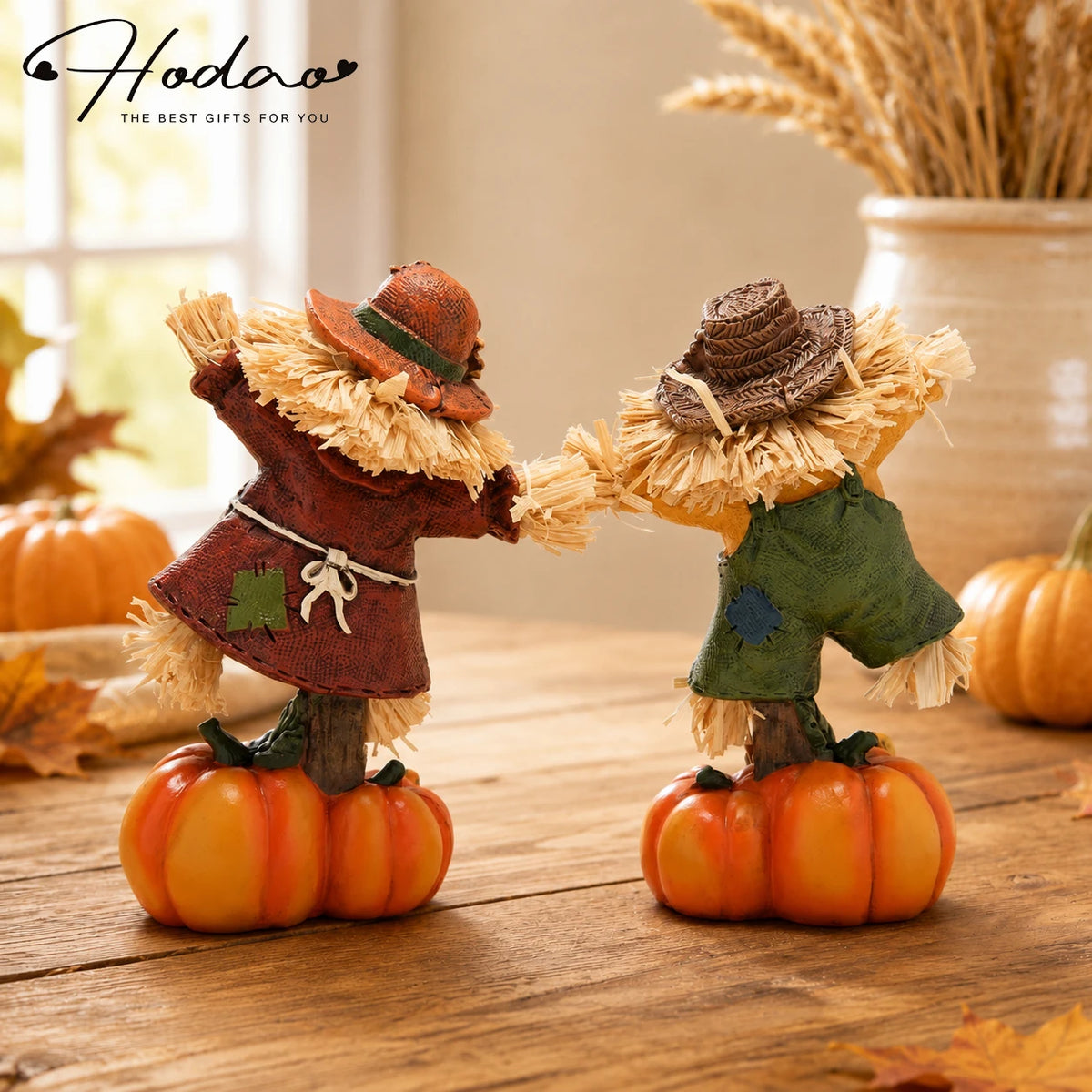 Hodao Set of 2 Fall Harvest Scarecrow Figurines, Resin Thanksgiving Pumpkin Decor, Hand-Painted Dancing Farmer Couple Statue with Cute Sunflower Accents, Seasonal Holiday Gift for Indoor, Patio, and Yard Home Display