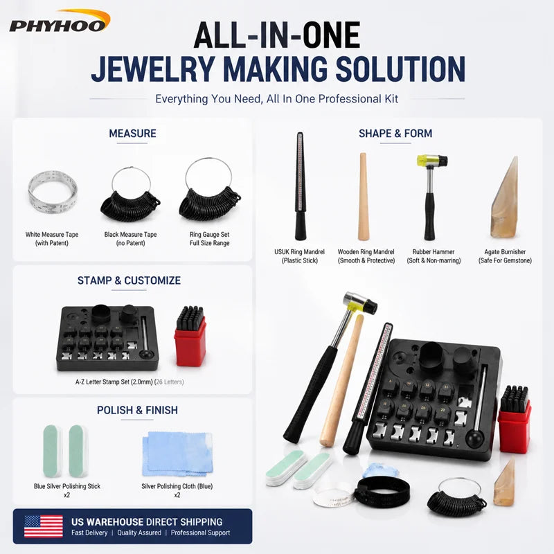 PHYHOO 23PCS Jewelry Making Tool Kit. Ring Sizer, Bending Mandrel, Letter Stamp Set, Polishing Repair Tools. DIY, USA