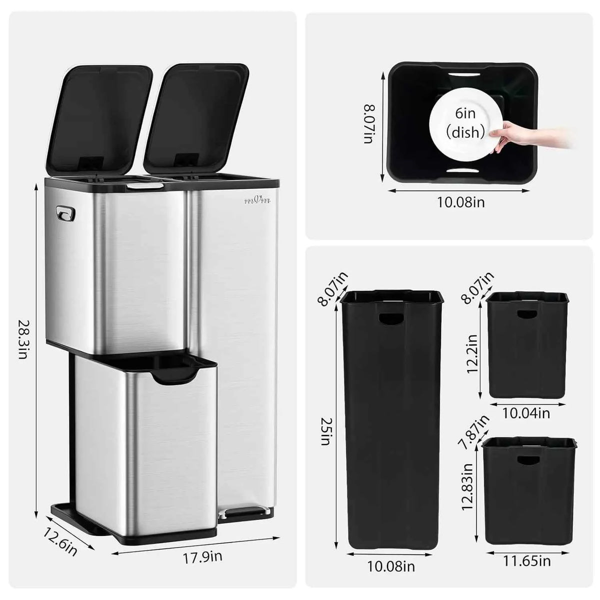 mVm 60L Three-Compartment Stainless Steel Recycling Trash Can, Kitchen Trash Can/Recycling Sorting Bin