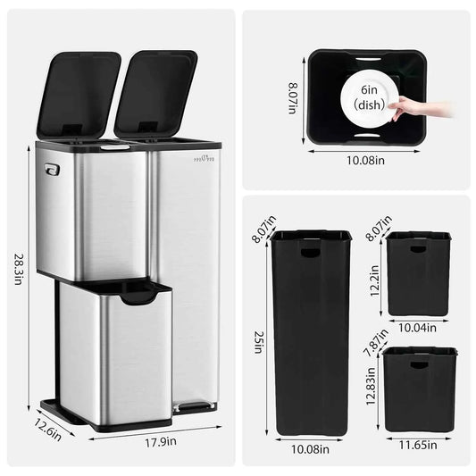 mVm 60L Three-Compartment Stainless Steel Recycling Trash Can, Kitchen Trash Can/Recycling Sorting Bin