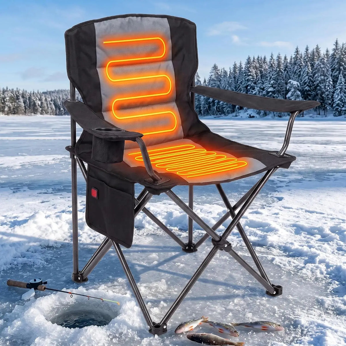 Heated Camping Chair For Adults, Dual-Zone Seat & Back, 3 Heat Levels, Folding Chair With Cup Holder & Storage Pockets, USB Powered