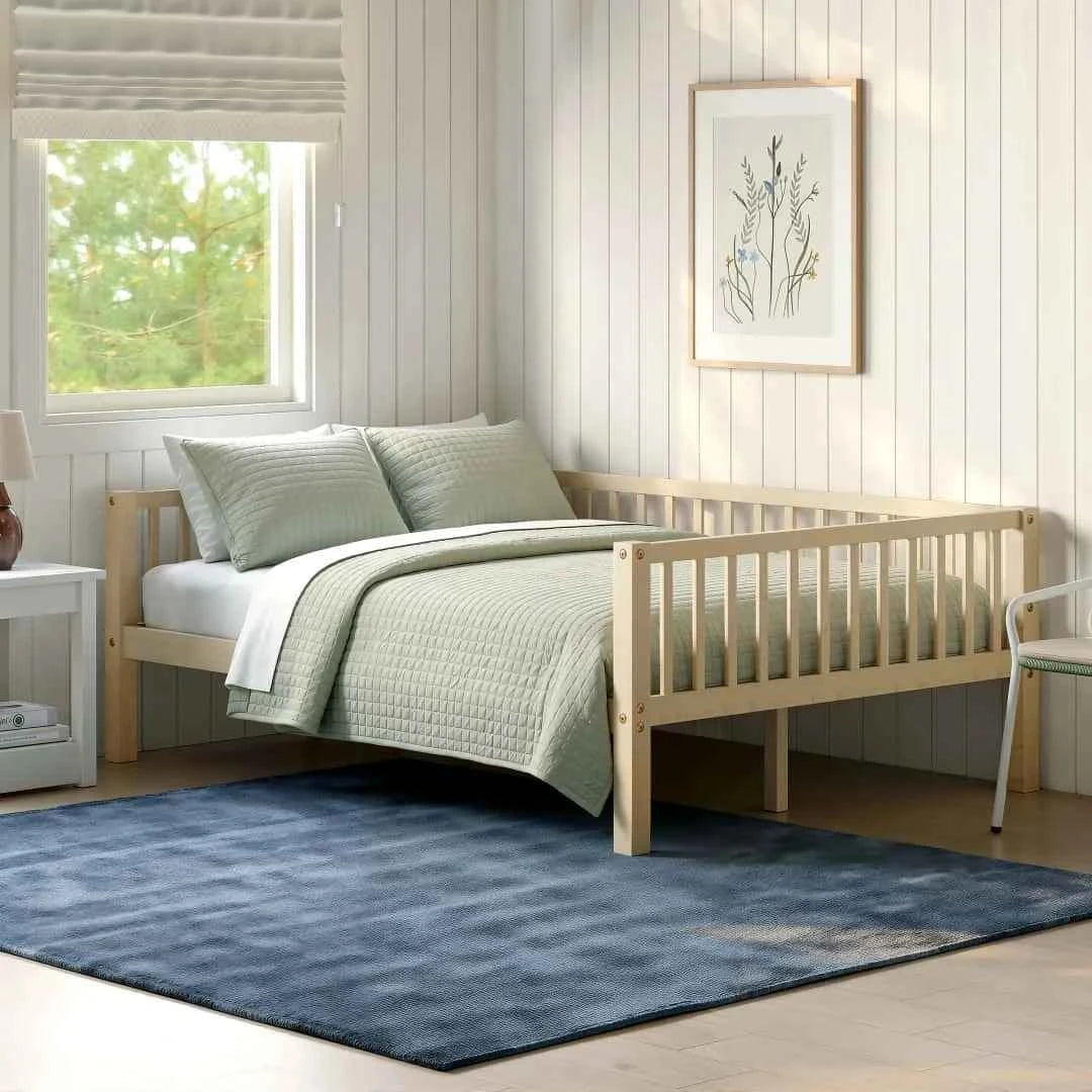 Full Size Daybed Frame with 3-Sided Guardrails, Wood Slat Support Breathable Leisure Bed for Kids Bedroom, Natural