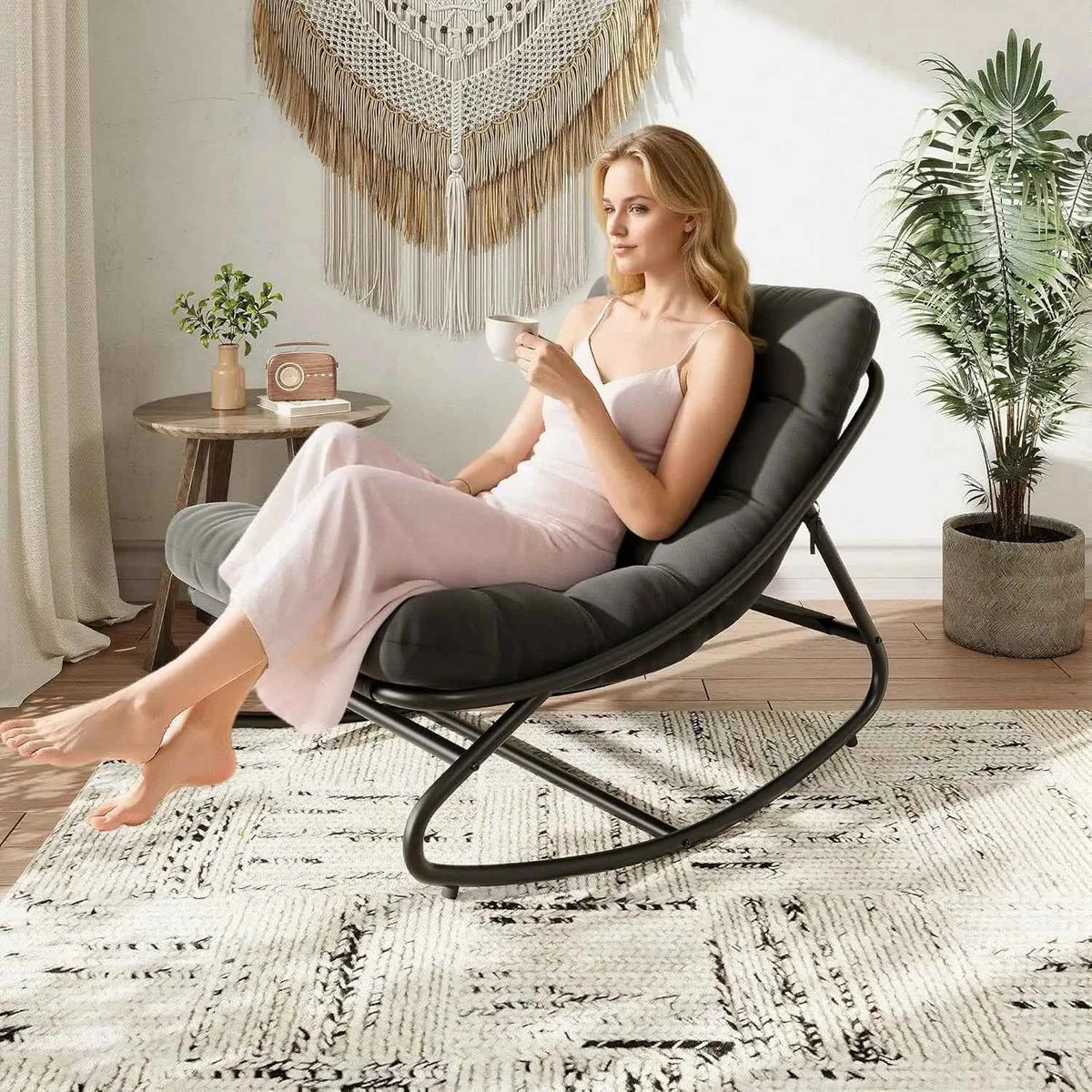 Papasan Rocking Chair Outdoor - Comfy Rocking Chair with Metal Frame, Adjustable Papasan Chair with Waterproof Cushion, 400lbs Capacity for Patio Porch Garden