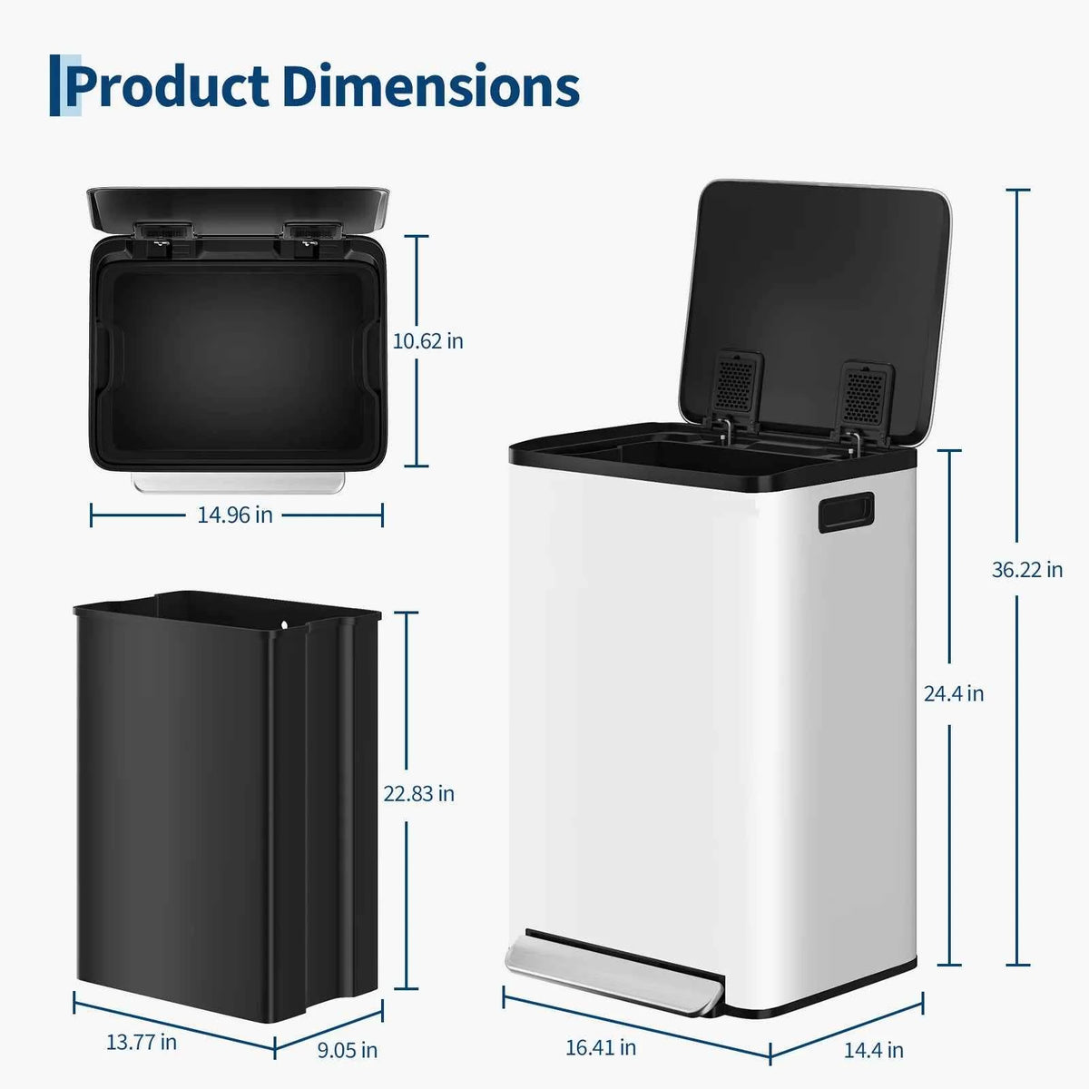 13 gal Stainless Steel Kitchen Trash Can with Soft Close Lid, 50 L Metal Garbage Can with Removable Inner Bucket, Hands Free Recycle Waste Bin