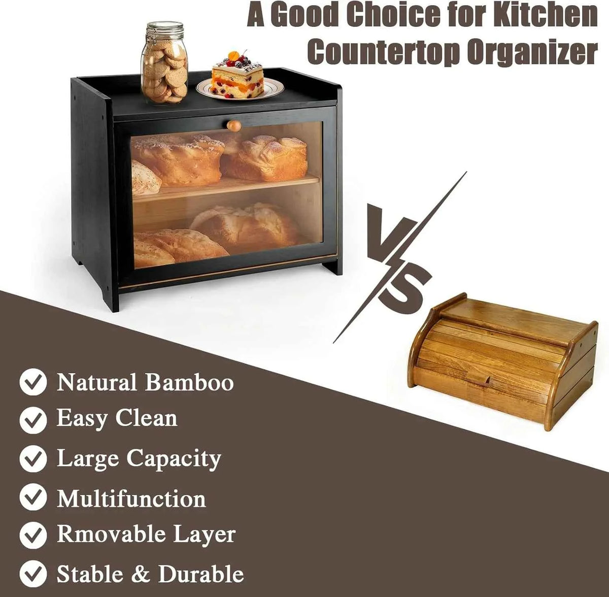 2 Layer Large Capacity Bamboo Bread Box with Tempered Glass Window, Farmhouse Kitchen Countertop Storage Container .