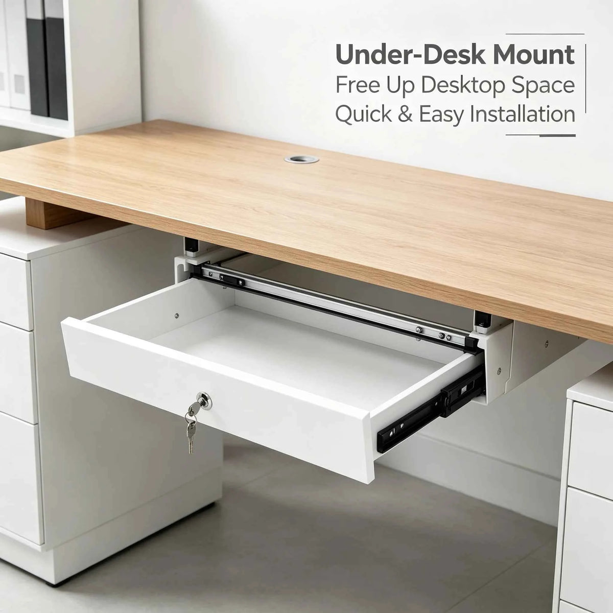 Under Desk Sliding Pull-Out Drawer with Lock & Computer Pad, Under-Mount Storage Organizer for Desks, 18x14x6.9in, White