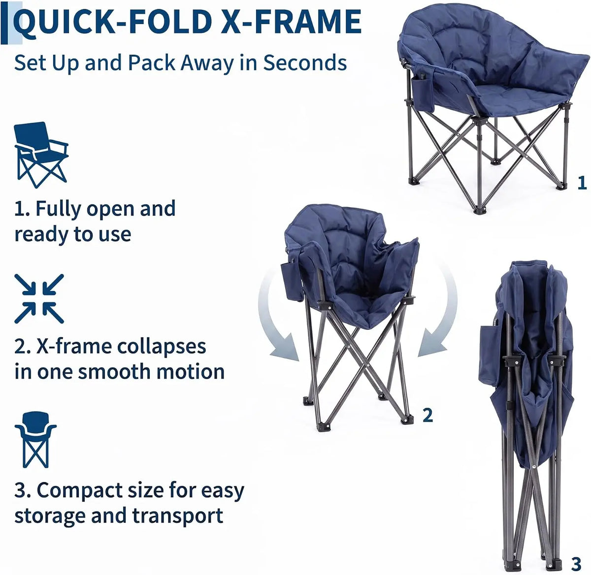 Oversized Heated Camping Chair for Adults – Heavy Duty Padded Outdoor Folding Chair with Cup Holder, Storage Pockets & Big Tall Support