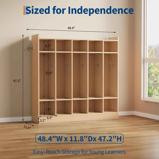 5-Section Classroom Coat Locker With 10 Cubbies & Hooks, Kids Storage Organizer With 5 Bins